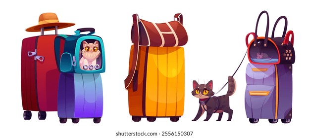 Cat travel in carrier. Pet journey in bag isolated vector. Animal character on passenger luggage icon in vacation trip on airplane or car. Cute tourist companion with baggage and hat ready for holiday