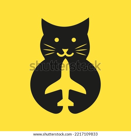 Cat Travel Logo Negative Space Concept Vector Template. Cat Holding Airplane Symbol