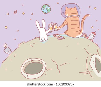 The cat traveled in space and met a rabbit that lives on the moon. Sitting on the planet together and drinks beer. hand drawn style vector design illustrations. 