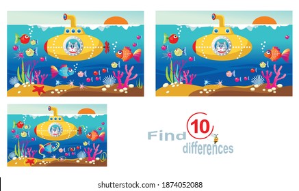 A cat travels underwater in a bathyscaphe. Children's educational game find 10 differences.