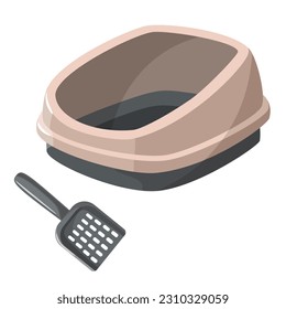 Cat tray and scoop in cartoon flat style. Vector illustration of hygiene accessories for kittens, toilet isolated on white background