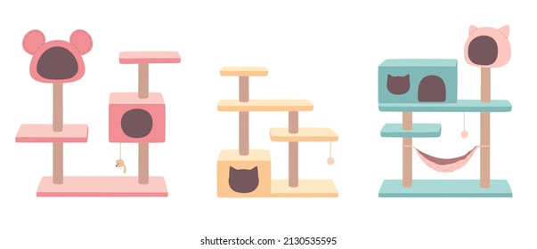 Cat tree with cat house, luxury colorful rooms for animals. Cat tower, scratching post and hammock. A set of furniture for kittens, with toys in the form of mice. Flat vector illustrations isolated