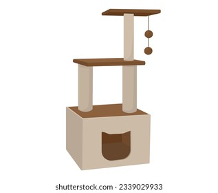 Cat tree with cat house. Cat playground accessories. Vector illustration.