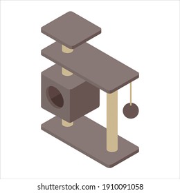 Cat tree with cat house, scratching post and hanging ball isolated on white background. Isometric view. Vector