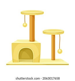 Cat tree house with scratching post and hanging ball. Pet animals supply vector illustration