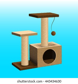 Cat tree with cat house and scratching post. Realistic illustration of cat furniture on blue background. Vector EPS10.
