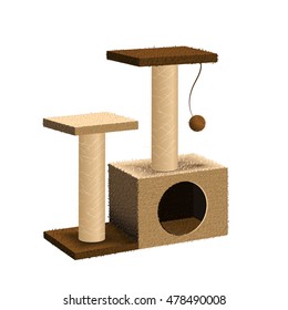 Cat tree with cat house and scratching post. Isolated pet supply. Realistic illustration of cat furniture on white background. Vector EPS10.