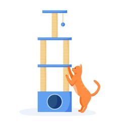 Cat Tree Or House With Scratching Posts. Cute Red Cat Interested In Cat Tower And Scratching It. Cat Playground With Claw Sharpeners. Flat Style Vector Illustration.