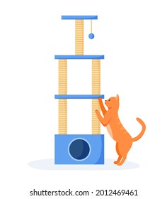 Cat tree or house with scratching posts. Cute red cat interested in cat tower and scratching it. Cat playground with claw sharpeners. Flat style vector illustration.