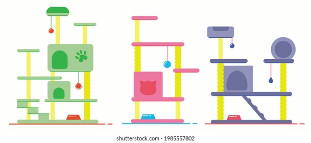 Cat tree with cat house. Cat tower and scratching post. Pets furniture. Set of flat vector illustrations isolated on white background.