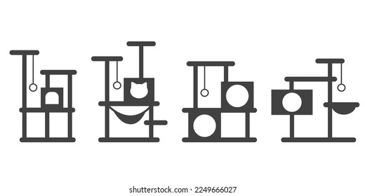 Cat tree with house. Tower and scratching post. Pets furniture. Set of vector icons isolated on white background