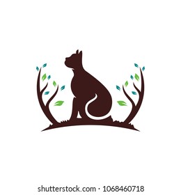 Cat And Tree logo design template. Vector Illustration.