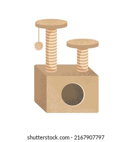 Cat tree with pet house and scratching post for sleeping and playing. Cartoon vector illustration of cat house isolated on white background. Playhouse, furniture