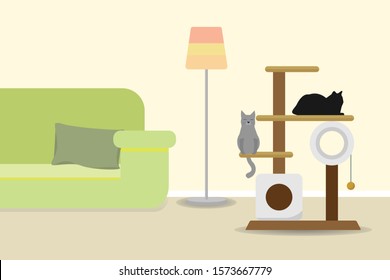 Cat Tree With Scratching Post And Cat House In A Room 