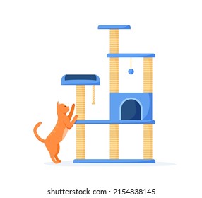 Cat tree with scratching posts and toys. Cute red cat sharpens claws on cat tower. Cat playground and house with claw sharpeners. Flat style vector
