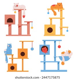 Cat tree towers vector cartoon set isolated on a white background.