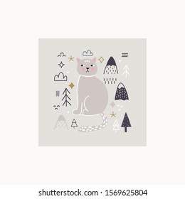 Cat, trees and abstract elements vector print. Ideal for children book, cloth print, covering book design. 