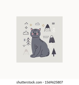  Cat, trees and abstract elements vector print. Ideal for children book, cloth print, covering book design. 