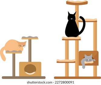 Cat trees an cats on top set. Cats play around on cat trees. Pet tower with rope post. accessories for pet vector illustration,  cat tree vector illustration