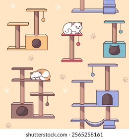 Cat trees, cat houses seamless pattern, background. Cute comic, cartoon vector illustrations