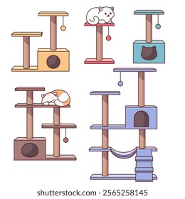 Cat trees, cat houses, set of cute comic, cartoon vector illustrations