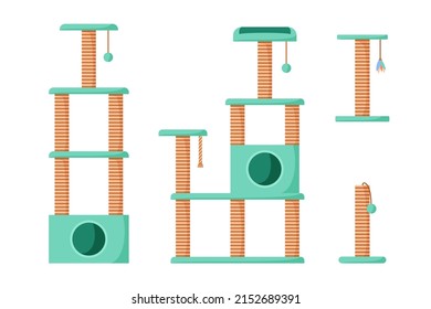 Cat trees and scratching posts set. Cat playground with claw sharpeners. Pet tower with rope posts. Supplies and accessories for domestic pets. Flat style vector