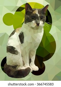 cat the triangulation drawn in a manner, on a green background from triangles