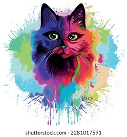 Cat Trippy Psychedelic Pop Art Design on Paint Splatters Background Vector Illustration

