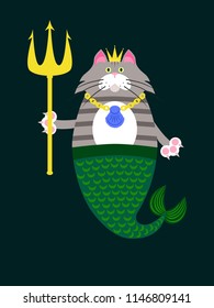 Cat as Triton with trident. Vector illustration