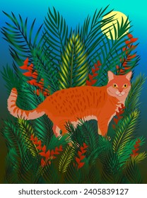 Cat in the tropical forest. Wild cat in Africa. Vector image.