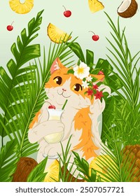 Cat, tropical leaves, pineapple, coconut, cocktail greeting card. Vector summer postcard with cute cartoon cat drinking mocktail. Leafy background. Pina colada cocktail. Falling fruits. Clipping mask.