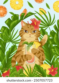 Gato, hojas tropicales, piña, naranja, cóctel tarjeta de felicitación. Postal de verano de Vector con lindo gato de dibujos animados bebiendo cóctel. Fondo frondoso. Cóctel Mai Tai. Caída de frutas. Elementos sin cortar.