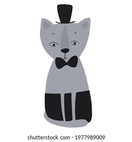 A cat in trousers, a bow tie and a cartoon-style hat. Gray vector cat.