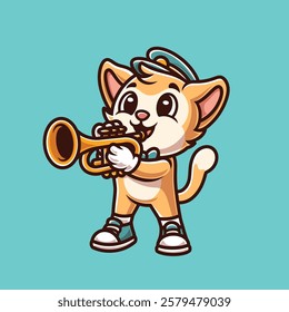 Cat Trumpet Cute Cartoon Illustration