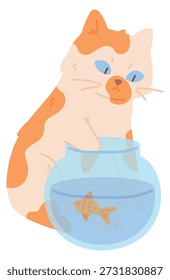 Cat try catch fish from glass bowl. Bad pet character