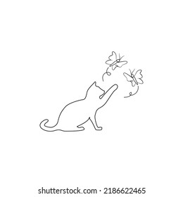 cat try to tap many butterflies line art, hand drawing or outline	