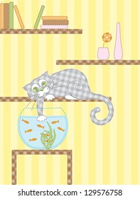 Cat trying to catch gold fish in the aquarium. Vector illustration.