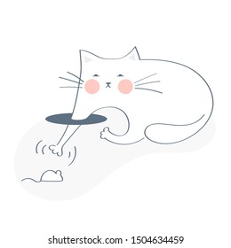 The cat is trying to catch a mouse in a hole. 404 page concept, page note found. Light outline vector illustration on white.