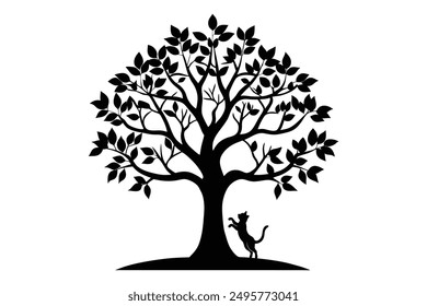 A cat is trying to climb a Tree silhouette vector illustration.