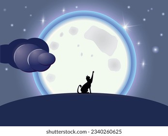 The cat is trying to reach the full moon. Vector drawing in the form of a paper illustration.