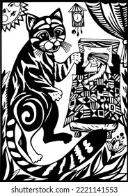 El gato está tratando de despertar al dueño. Ilustración en blanco y negro. Silhouettes