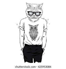 Cat T-shirt with a print and glasses. Vector illustration. Print for clothes , cards or posters .
