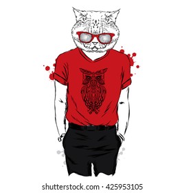 Cat T-shirt with a print and glasses. Vector illustration. Print for clothes , cards or posters .
