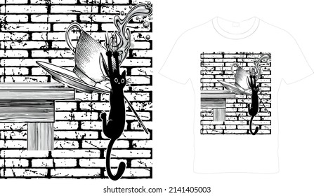 Cat T-shirt.Vector illustration.T-shirt graphics Can be used for print, children wear, Baby shower celebration and poster.Cat label.Cat logo.