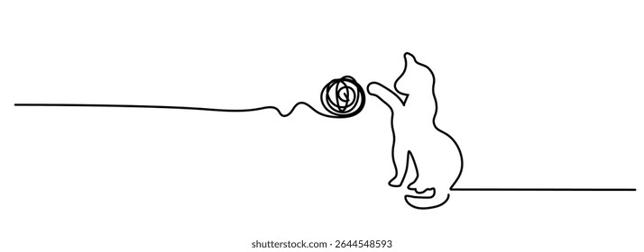 Cat with tuft of wool. Drawing happy cat line pattern. Kitty linear pictogram. Flat vector cartoon sign. Animals' day or Cat Day. Lovers, love heart kitten. Cats say meow.
