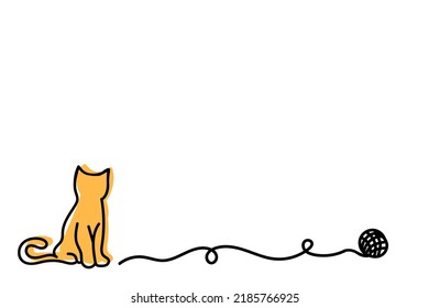 Cat with tuft of wool. Drawing cat line pattern. Kitty silhouette. Flat vector cartoon sketch sign. Cat day. Lovers, love heart kitten.