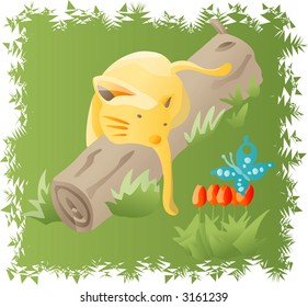 Cat in the tulip garden with butterfly (Vector)