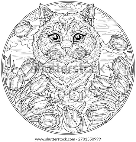 Cat and tulips in round frame.Coloring book antistress for children and adults. Illustration isolated on white background. Hand draw