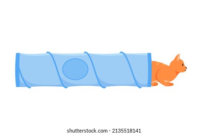 Cat tunnel. Cute red cat in collapsible toy tube. Hiding and resting place for indoor pet. Flat style vector 