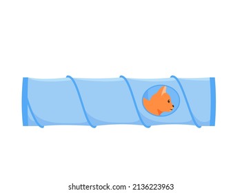 Cat tunnel. Cute red cat sits in collapsible toy tube. Hiding and resting place for indoor pet. Flat style vector 